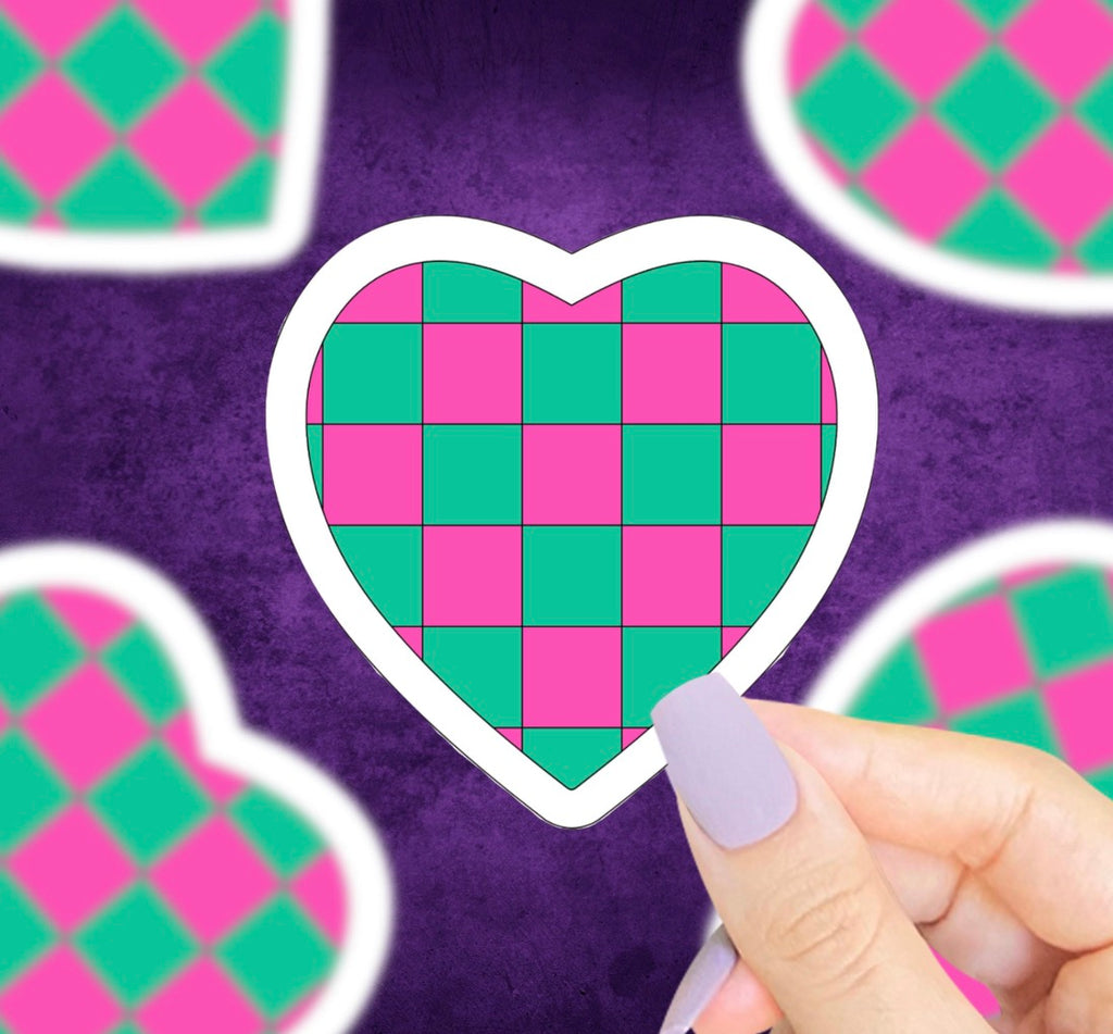 Pink And Green Checkered Heart Vinyl Sticker