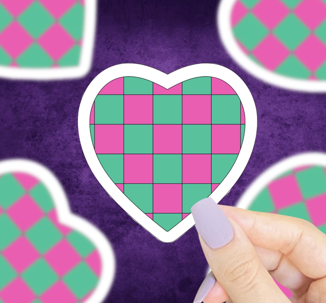 Pink And Green Checkered Heart Vinyl Sticker