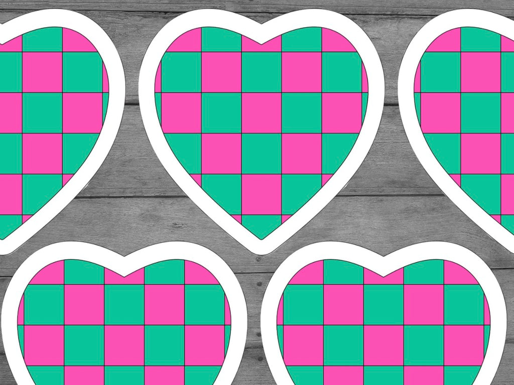 Pink And Green Checkered Heart Vinyl Sticker