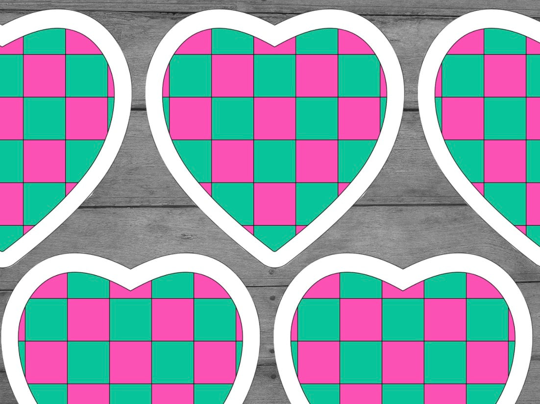 Pink And Green Checkered Heart Vinyl Sticker